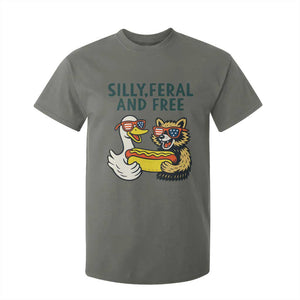 Silly Feral and Free T Shirt For Kid Funny Goose and Raccoon 4th of July Patriotic TS02 Military Green Print Your Wear