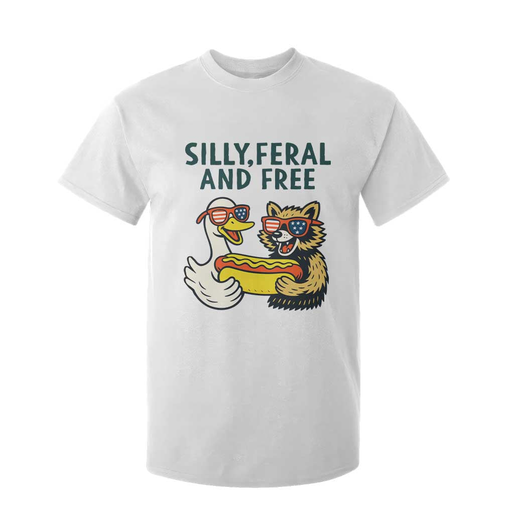 Silly Feral and Free T Shirt For Kid Funny Goose and Raccoon 4th of July Patriotic TS02 White Print Your Wear