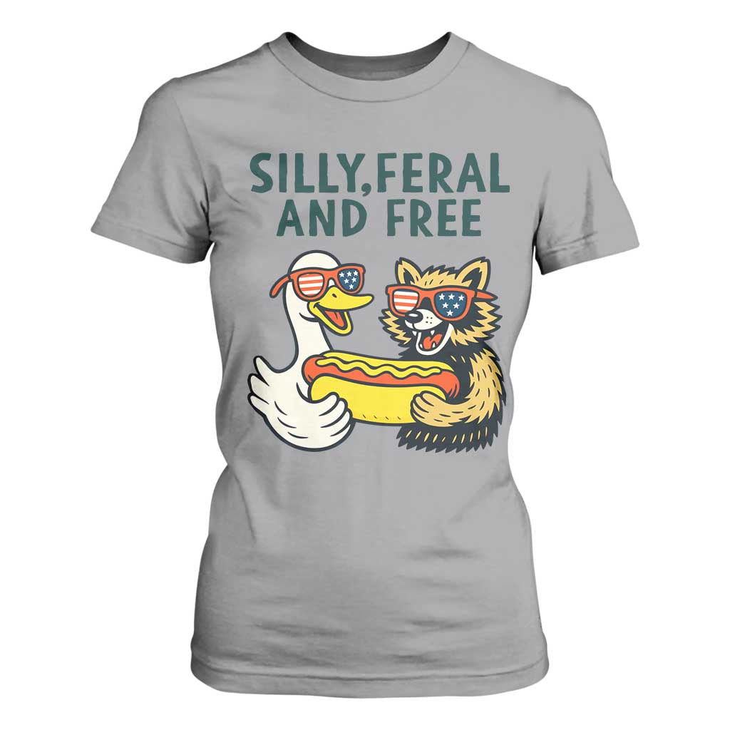 Silly Feral and Free T Shirt For Women Funny Goose and Raccoon 4th of July Patriotic TS02 Sport Gray Print Your Wear