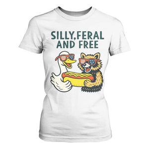 Silly Feral and Free T Shirt For Women Funny Goose and Raccoon 4th of July Patriotic TS02 White Print Your Wear