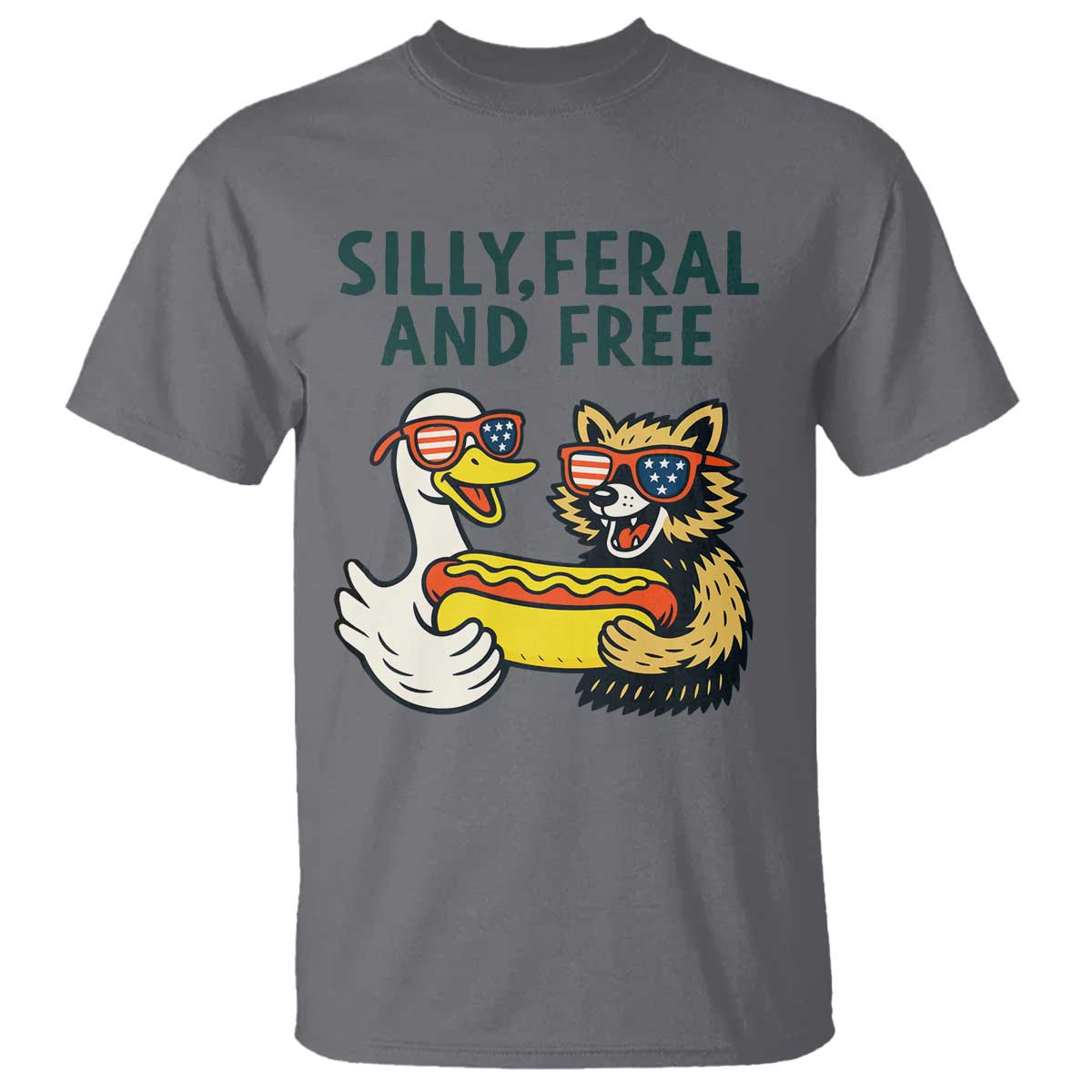 Silly Feral and Free T Shirt Funny Goose and Raccoon 4th of July Patriotic TS02 Charcoal Print Your Wear