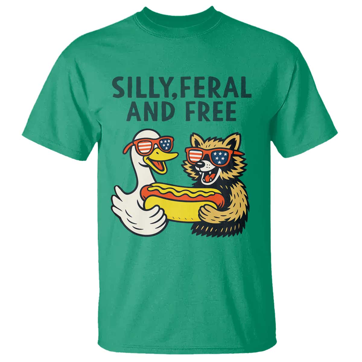 Silly Feral and Free T Shirt Funny Goose and Raccoon 4th of July Patriotic TS02 Irish Green Print Your Wear
