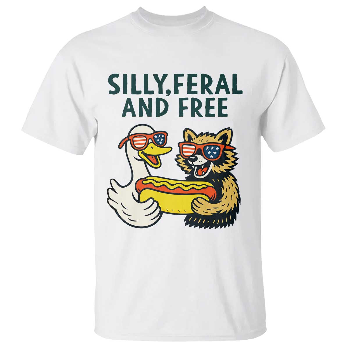 Silly Feral and Free T Shirt Funny Goose and Raccoon 4th of July Patriotic TS02 White Print Your Wear
