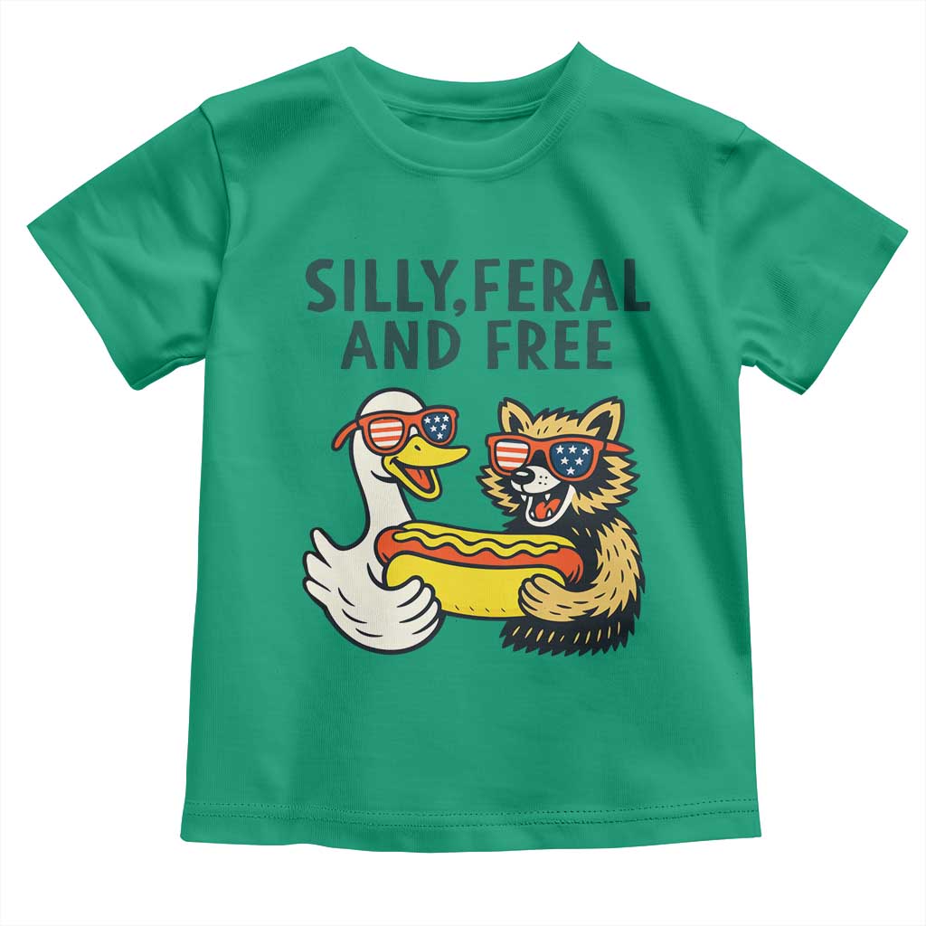 Silly Feral and Free Toddler T Shirt Funny Goose and Raccoon 4th of July Patriotic TS02 Irish Green Print Your Wear