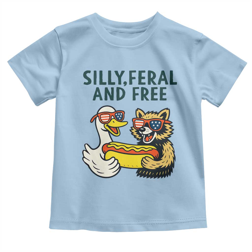 Silly Feral and Free Toddler T Shirt Funny Goose and Raccoon 4th of July Patriotic TS02 Light Blue Print Your Wear