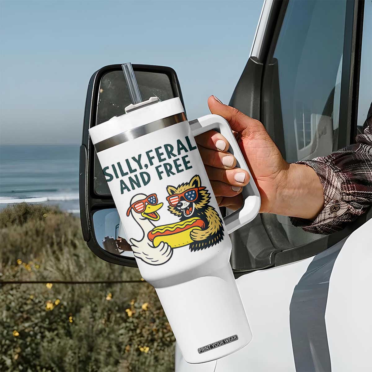 Silly Feral and Free Tumbler With Handle Funny Goose and Raccoon 4th of July Patriotic TS02 Print Your Wear