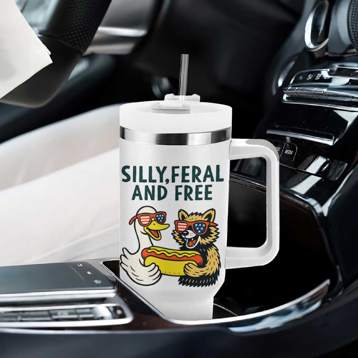 Silly Feral and Free Tumbler With Handle Funny Goose and Raccoon 4th of July Patriotic TS02 Print Your Wear