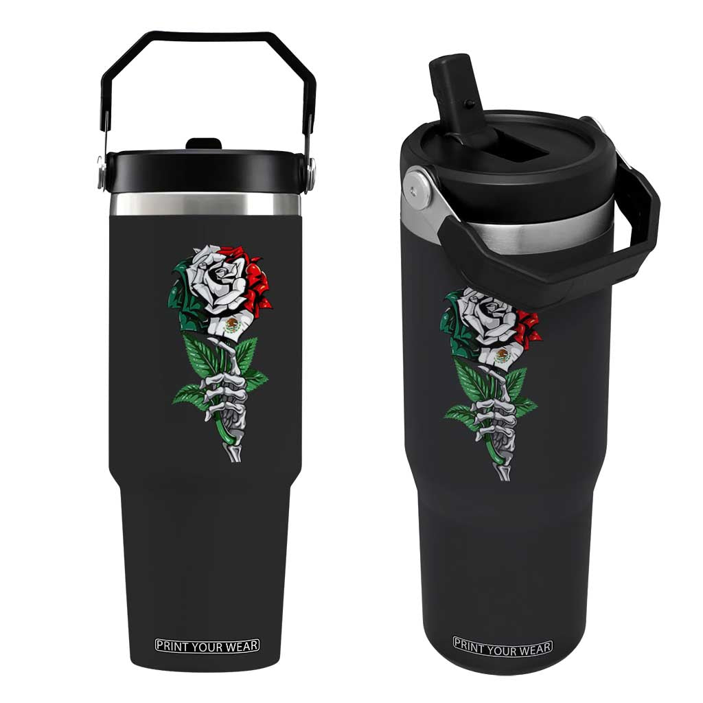 Skeleton Hand Holding Mexico Flag Rose Flip Straw Tumbler Dia De Los Muertos TS10 One Size: 30 oz Black Print Your Wear