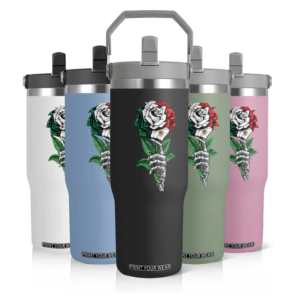 Skeleton Hand Holding Mexico Flag Rose Flip Straw Tumbler Dia De Los Muertos TS10 Print Your Wear