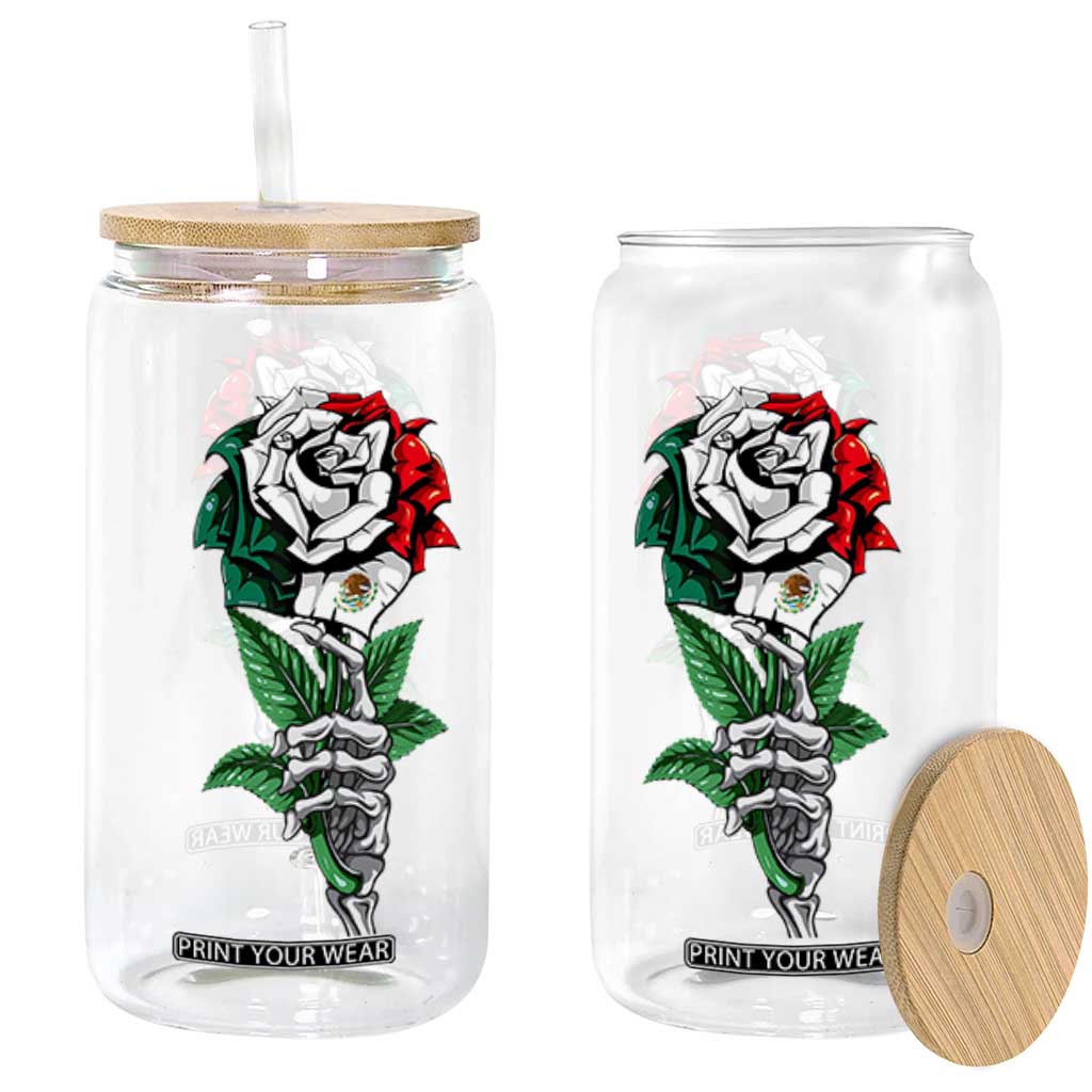 Skeleton Hand Holding Mexico Flag Rose Glass Can Dia De Los Muertos TS10 Black Print Your Wear