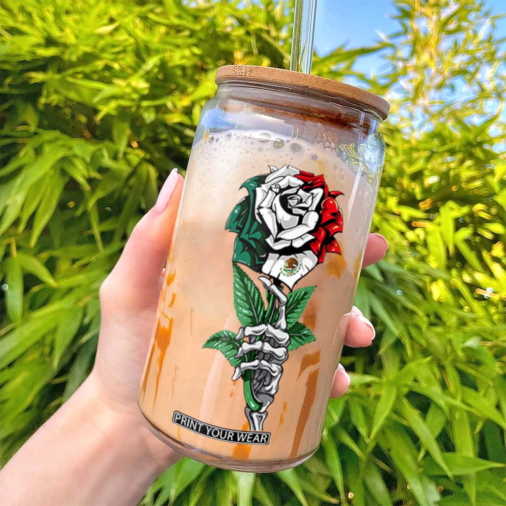 Skeleton Hand Holding Mexico Flag Rose Glass Can Dia De Los Muertos TS10 Print Your Wear