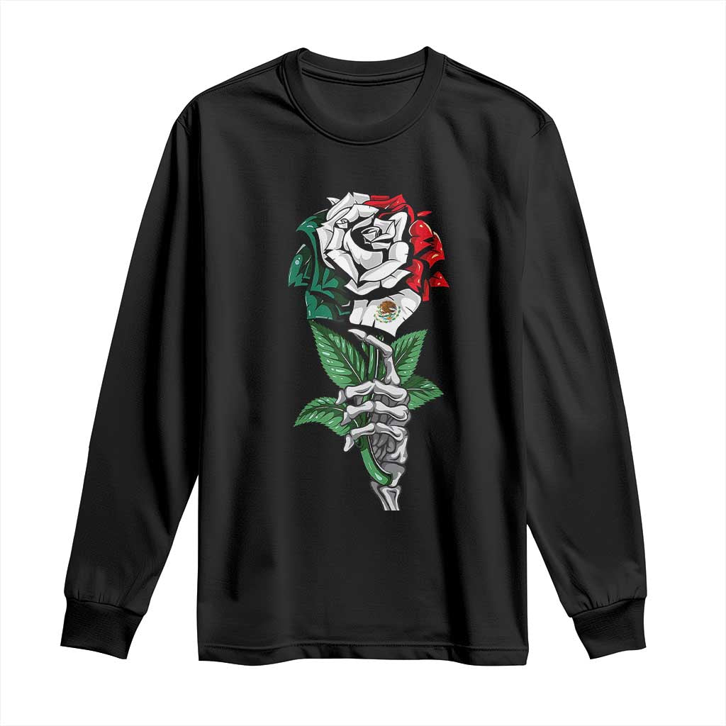 Skeleton Hand Holding Mexico Flag Rose Long Sleeve Shirt Dia De Los Muertos TS10 Black Print Your Wear
