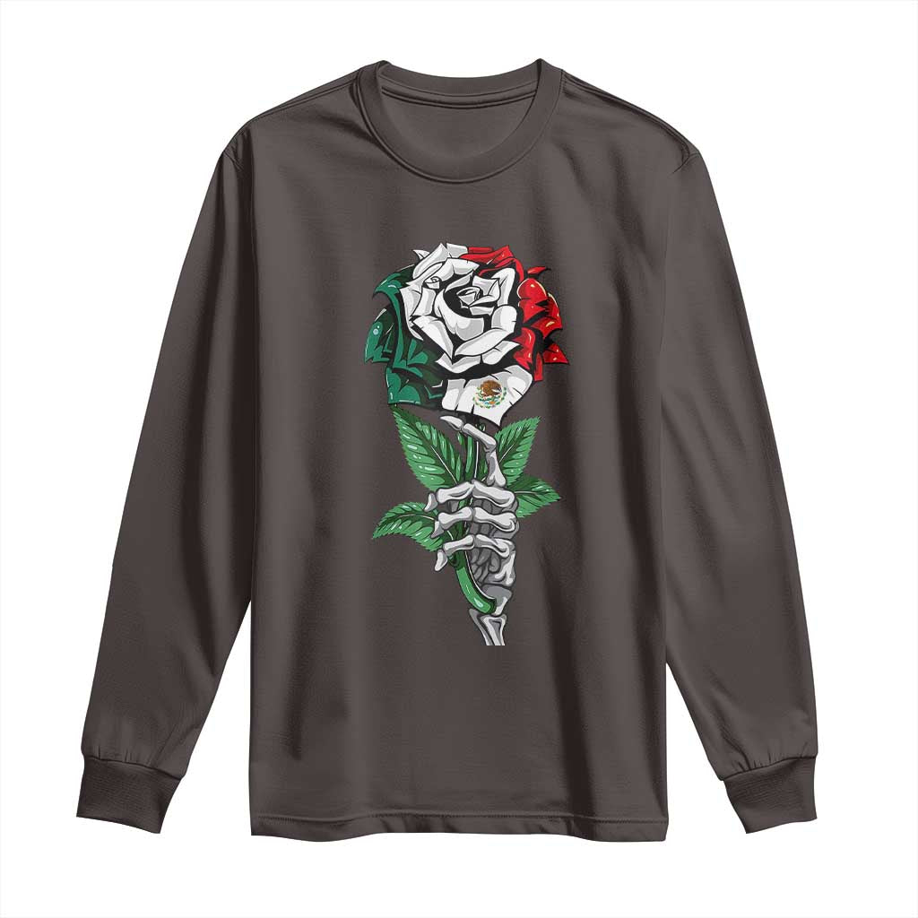 Skeleton Hand Holding Mexico Flag Rose Long Sleeve Shirt Dia De Los Muertos TS10 Dark Chocolate Print Your Wear