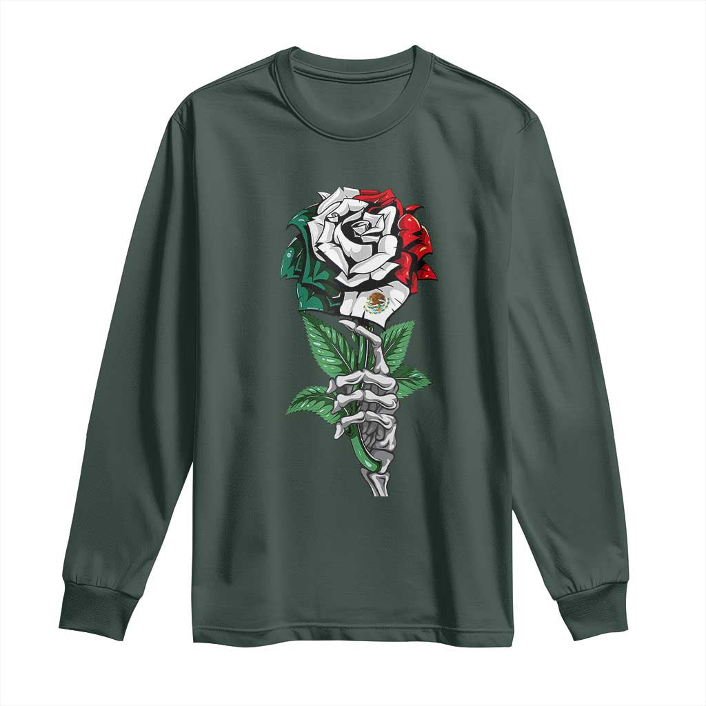 Skeleton Hand Holding Mexico Flag Rose Long Sleeve Shirt Dia De Los Muertos TS10 Dark Forest Green Print Your Wear