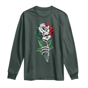 Skeleton Hand Holding Mexico Flag Rose Long Sleeve Shirt Dia De Los Muertos TS10 Dark Forest Green Print Your Wear