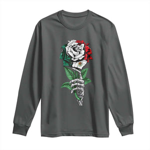 Skeleton Hand Holding Mexico Flag Rose Long Sleeve Shirt Dia De Los Muertos TS10 Dark Heather Print Your Wear