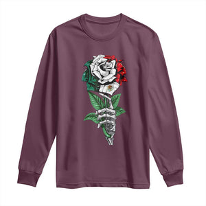 Skeleton Hand Holding Mexico Flag Rose Long Sleeve Shirt Dia De Los Muertos TS10 Maroon Print Your Wear