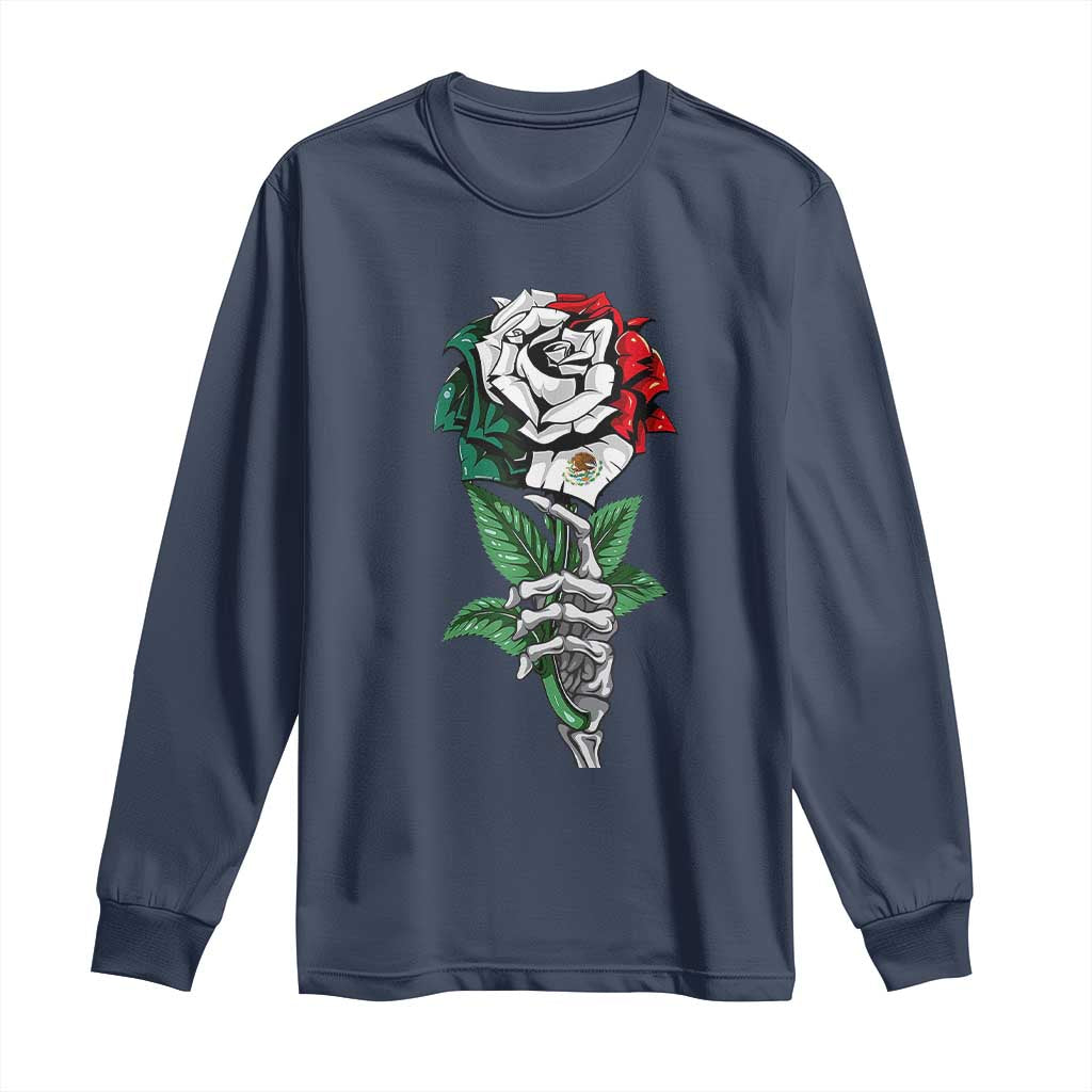 Skeleton Hand Holding Mexico Flag Rose Long Sleeve Shirt Dia De Los Muertos TS10 Navy Print Your Wear
