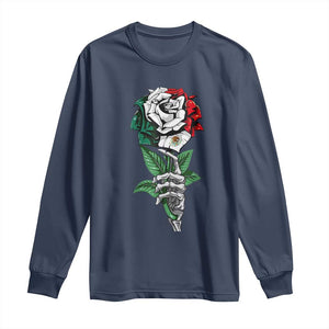 Skeleton Hand Holding Mexico Flag Rose Long Sleeve Shirt Dia De Los Muertos TS10 Navy Print Your Wear
