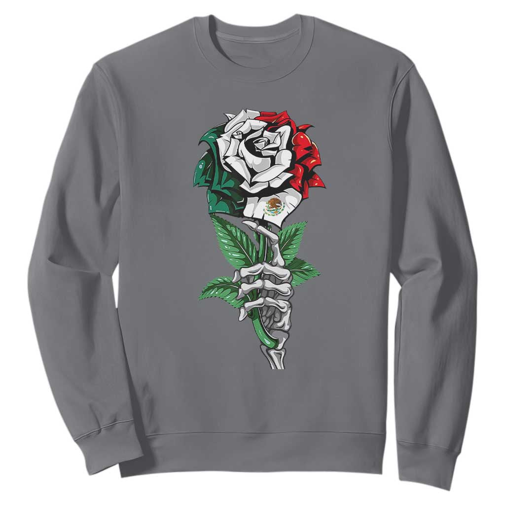 Skeleton Hand Holding Mexico Flag Rose Sweatshirt Dia De Los Muertos TS10 Charcoal Print Your Wear