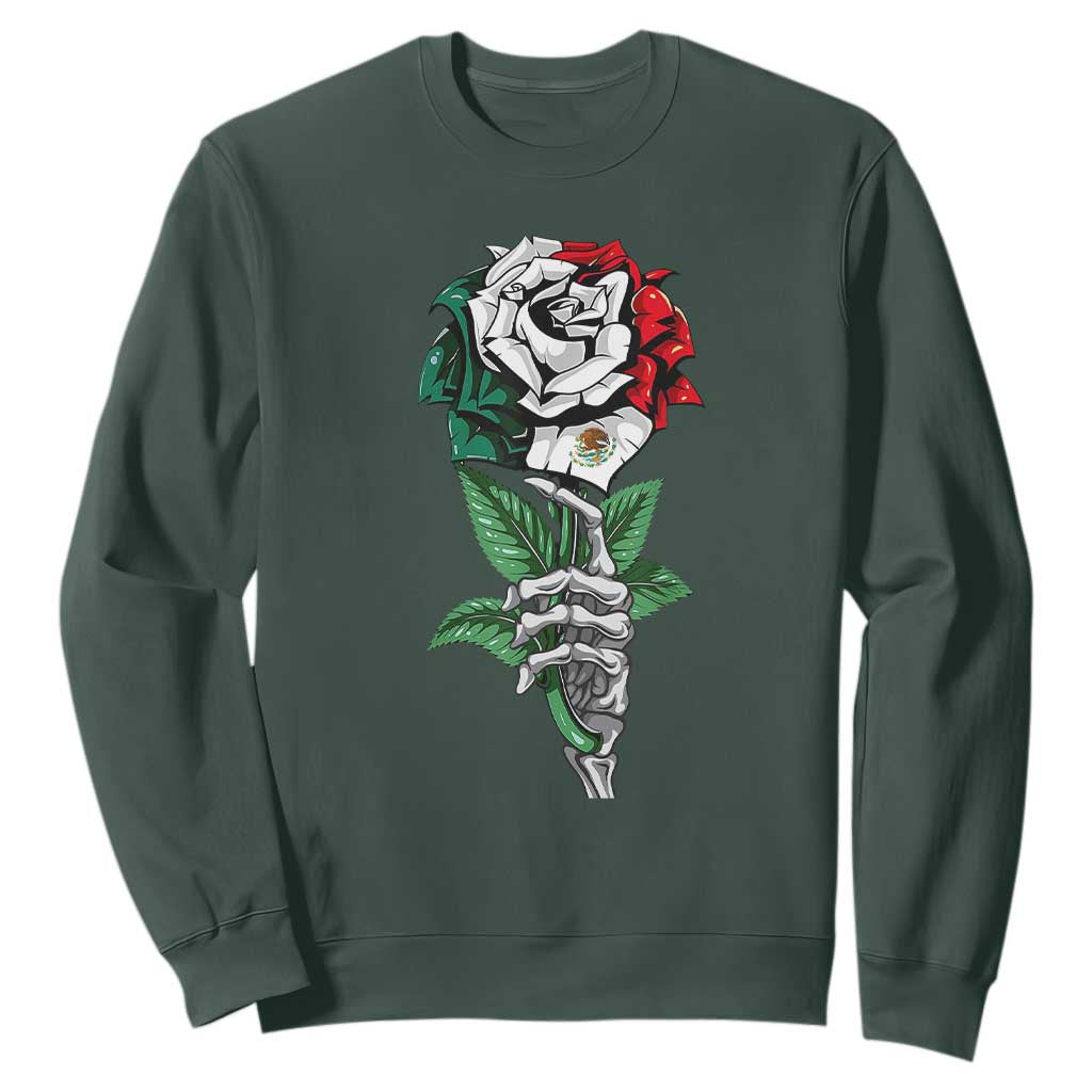 Skeleton Hand Holding Mexico Flag Rose Sweatshirt Dia De Los Muertos TS10 Dark Forest Green Print Your Wear
