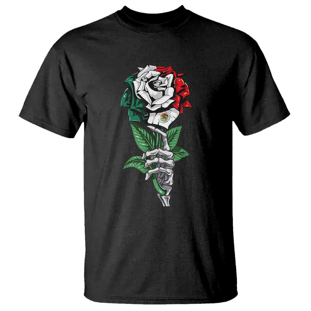 Skeleton Hand Holding Mexico Flag Rose T Shirt Dia De Los Muertos TS10 Black Print Your Wear