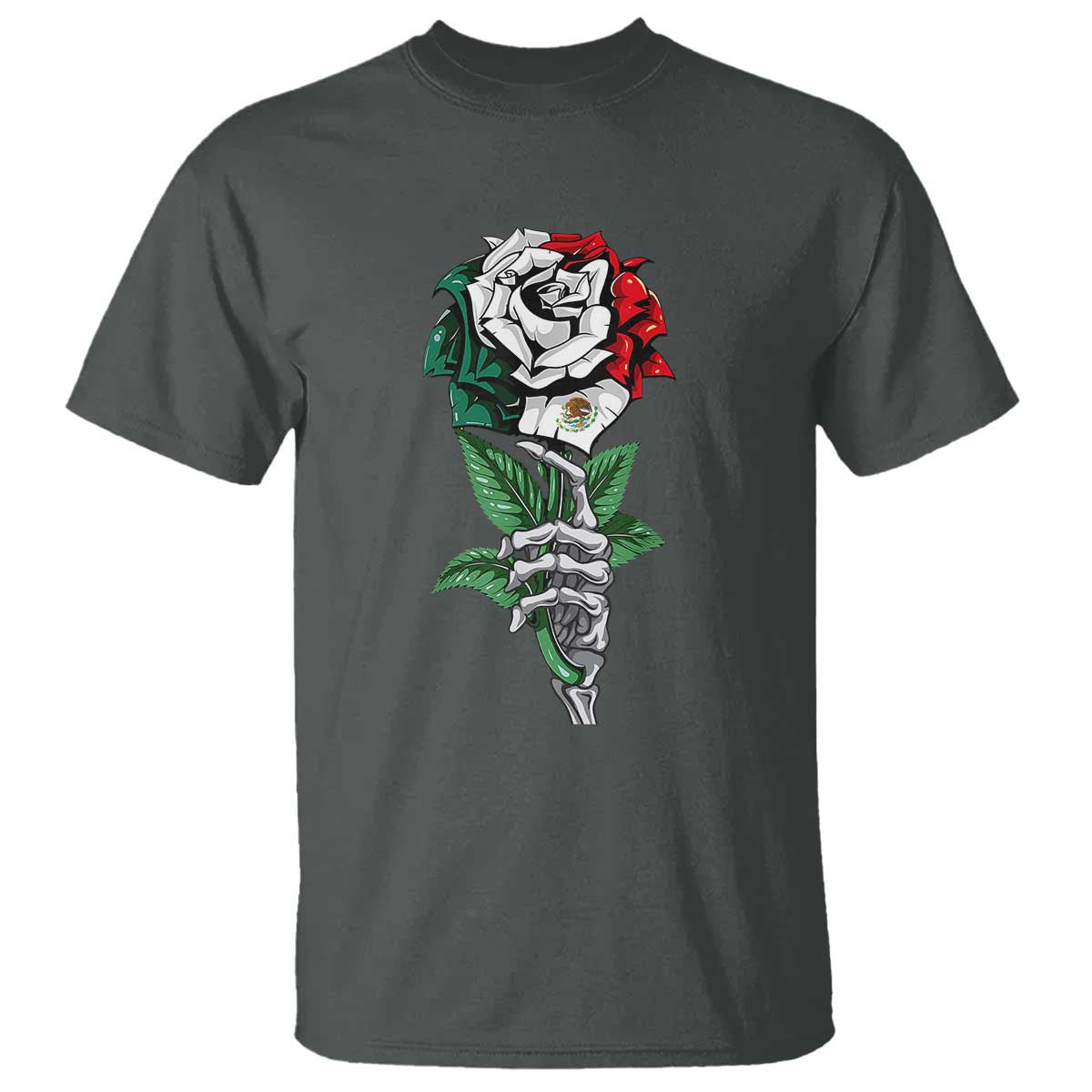 Skeleton Hand Holding Mexico Flag Rose T Shirt Dia De Los Muertos TS10 Dark Heather Print Your Wear