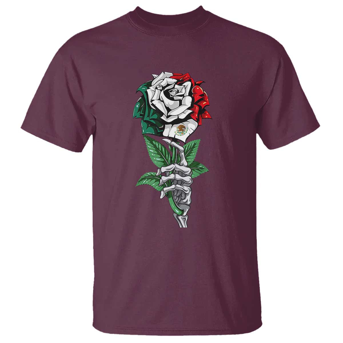 Skeleton Hand Holding Mexico Flag Rose T Shirt Dia De Los Muertos TS10 Maroon Print Your Wear