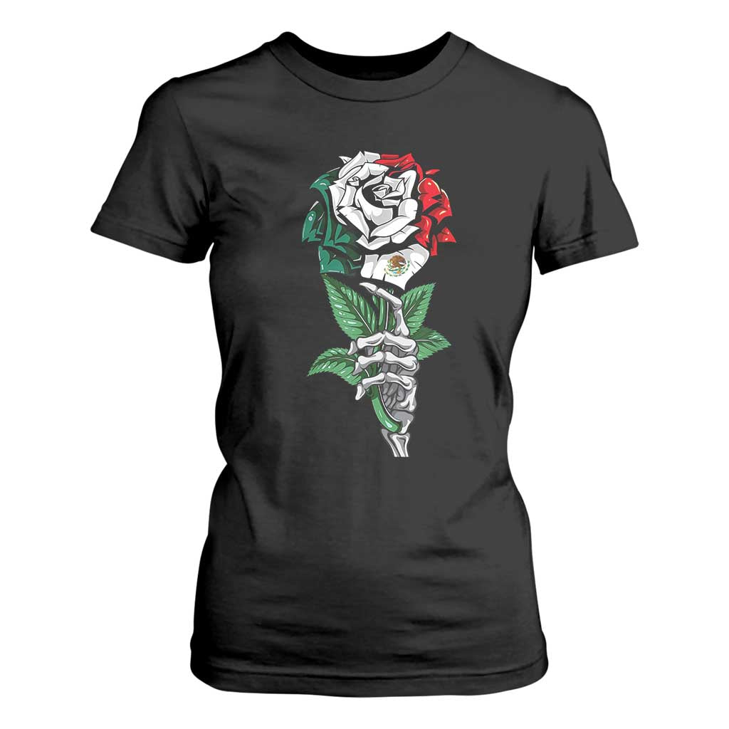Skeleton Hand Holding Mexico Flag Rose T Shirt For Women Dia De Los Muertos TS10 Black Print Your Wear