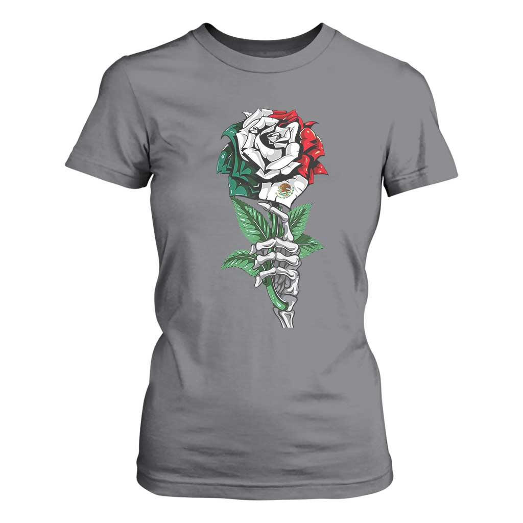 Skeleton Hand Holding Mexico Flag Rose T Shirt For Women Dia De Los Muertos TS10 Charcoal Print Your Wear