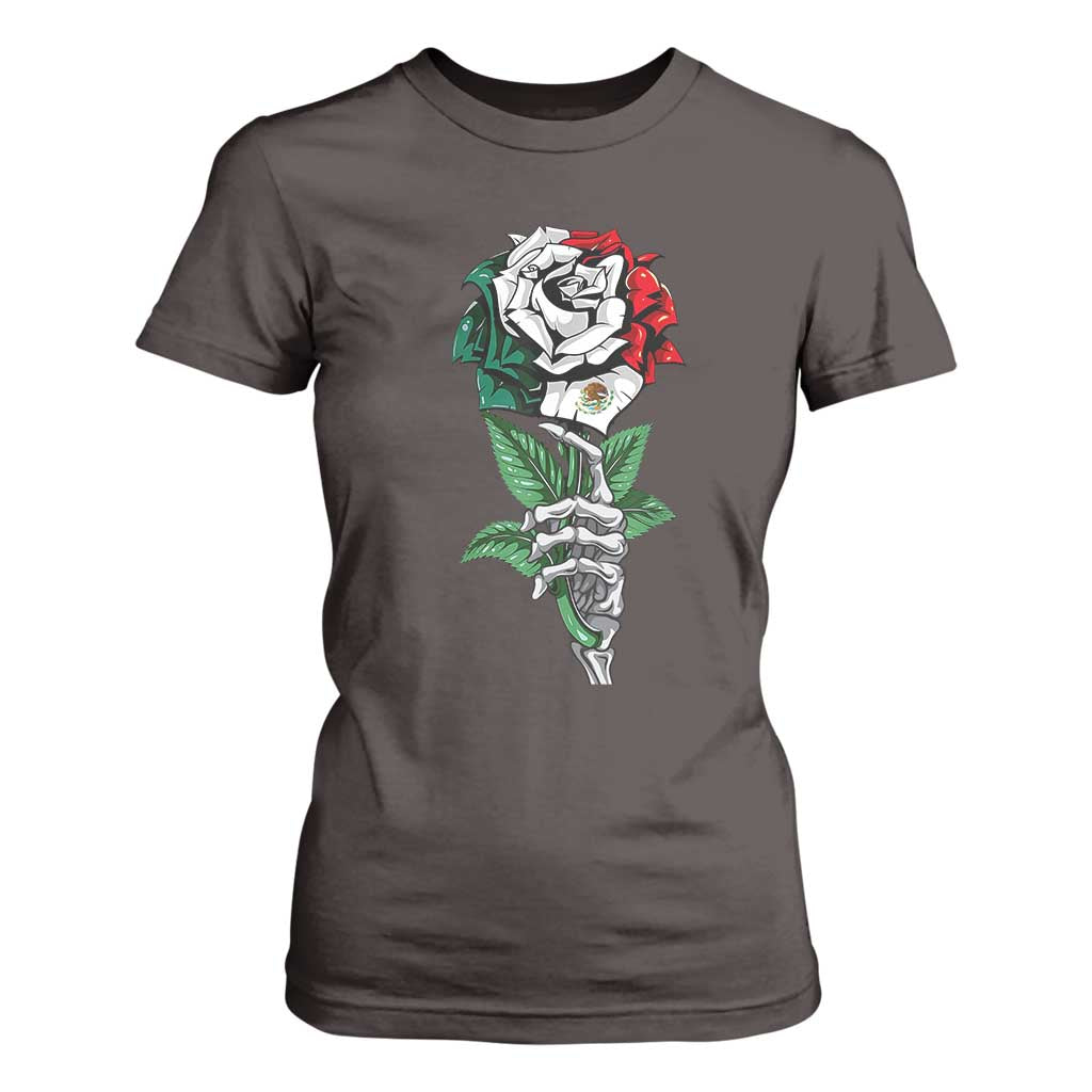 Skeleton Hand Holding Mexico Flag Rose T Shirt For Women Dia De Los Muertos TS10 Dark Chocolate Print Your Wear