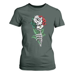 Skeleton Hand Holding Mexico Flag Rose T Shirt For Women Dia De Los Muertos TS10 Dark Forest Green Print Your Wear