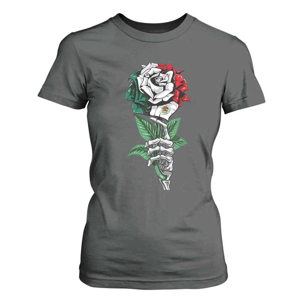 Skeleton Hand Holding Mexico Flag Rose T Shirt For Women Dia De Los Muertos TS10 Dark Heather Print Your Wear