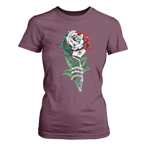 Skeleton Hand Holding Mexico Flag Rose T Shirt For Women Dia De Los Muertos TS10 Maroon Print Your Wear
