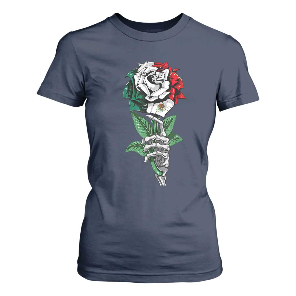 Skeleton Hand Holding Mexico Flag Rose T Shirt For Women Dia De Los Muertos TS10 Navy Print Your Wear