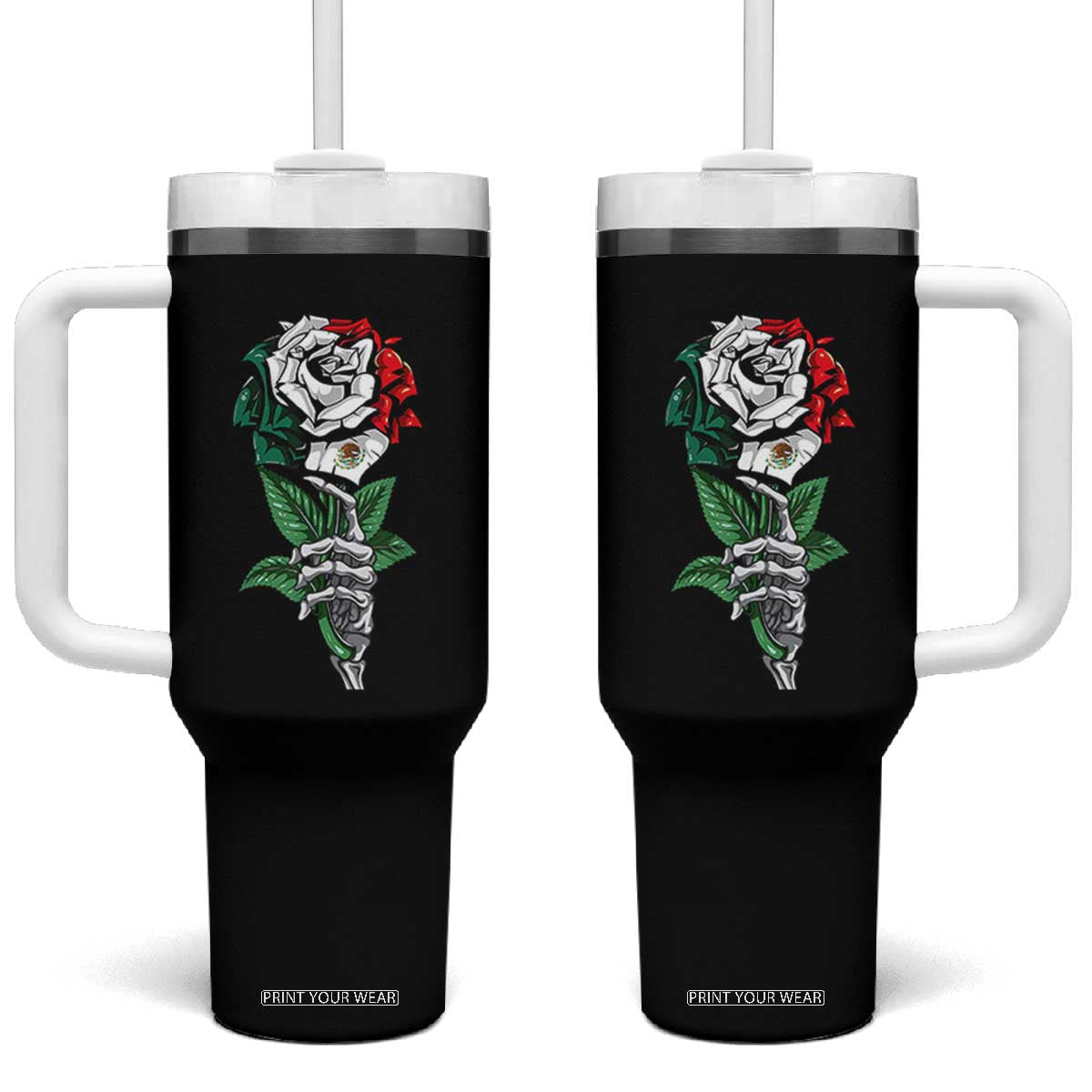Skeleton Hand Holding Mexico Flag Rose Tumbler With Handle Dia De Los Muertos TS10 One Size: 40 oz Black Print Your Wear