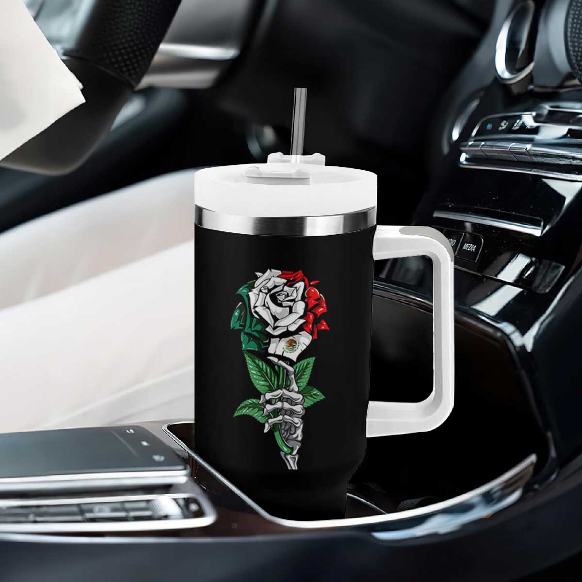 Skeleton Hand Holding Mexico Flag Rose Tumbler With Handle Dia De Los Muertos TS10 Print Your Wear