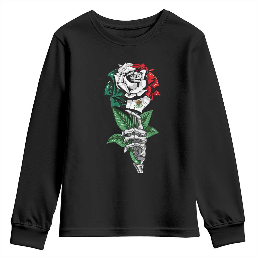 Skeleton Hand Holding Mexico Flag Rose Youth Sweatshirt Dia De Los Muertos TS10 Black Print Your Wear