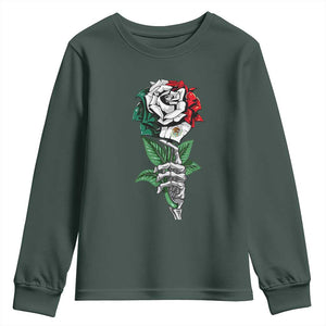 Skeleton Hand Holding Mexico Flag Rose Youth Sweatshirt Dia De Los Muertos TS10 Dark Forest Green Print Your Wear