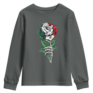Skeleton Hand Holding Mexico Flag Rose Youth Sweatshirt Dia De Los Muertos TS10 Dark Heather Print Your Wear
