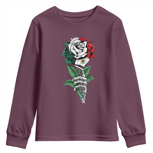 Skeleton Hand Holding Mexico Flag Rose Youth Sweatshirt Dia De Los Muertos TS10 Maroon Print Your Wear