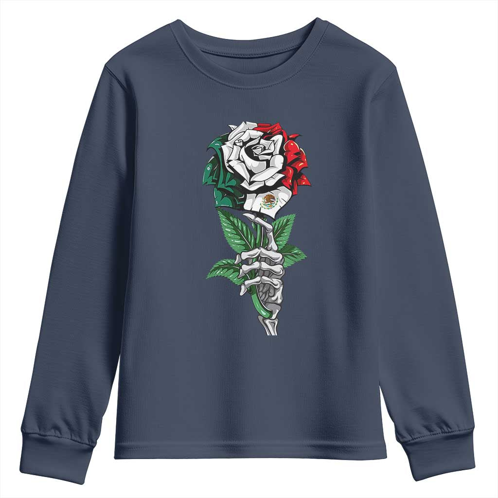 Skeleton Hand Holding Mexico Flag Rose Youth Sweatshirt Dia De Los Muertos TS10 Navy Print Your Wear