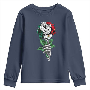 Skeleton Hand Holding Mexico Flag Rose Youth Sweatshirt Dia De Los Muertos TS10 Navy Print Your Wear