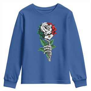 Skeleton Hand Holding Mexico Flag Rose Youth Sweatshirt Dia De Los Muertos TS10 Royal Blue Print Your Wear