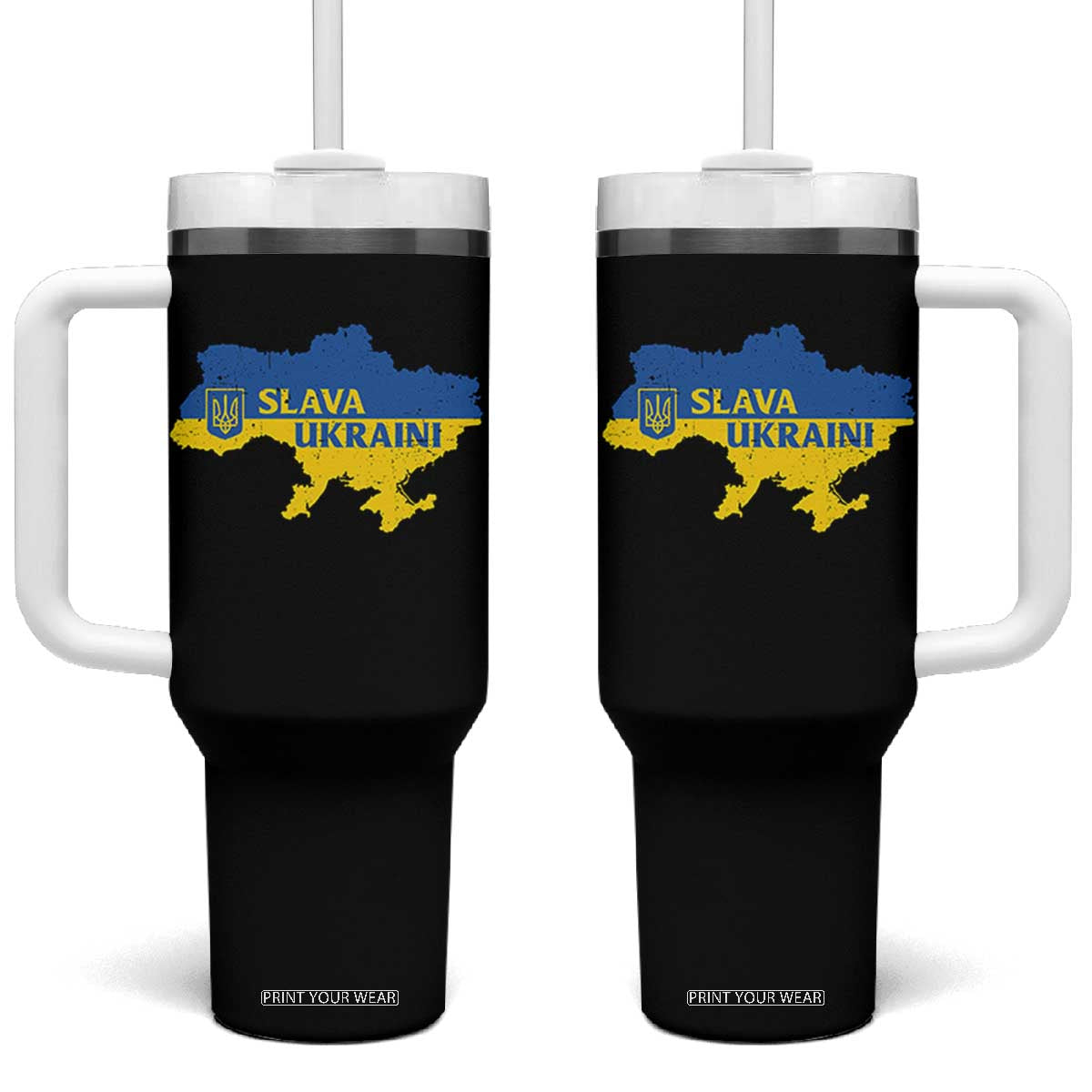 Slava Ukraini Tumbler With Handle Ukrainian Ukraine Flag Pride TS10 One Size: 40 oz Black Print Your Wear