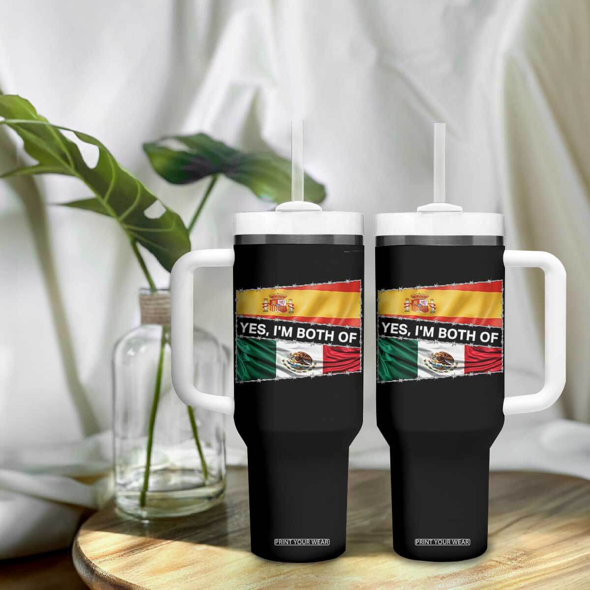 Spain Mexico Heritage Pride Tumbler With Handle Yes I'm Both Identity Roots for Hispanics Latinos TS02 Print Your Wear