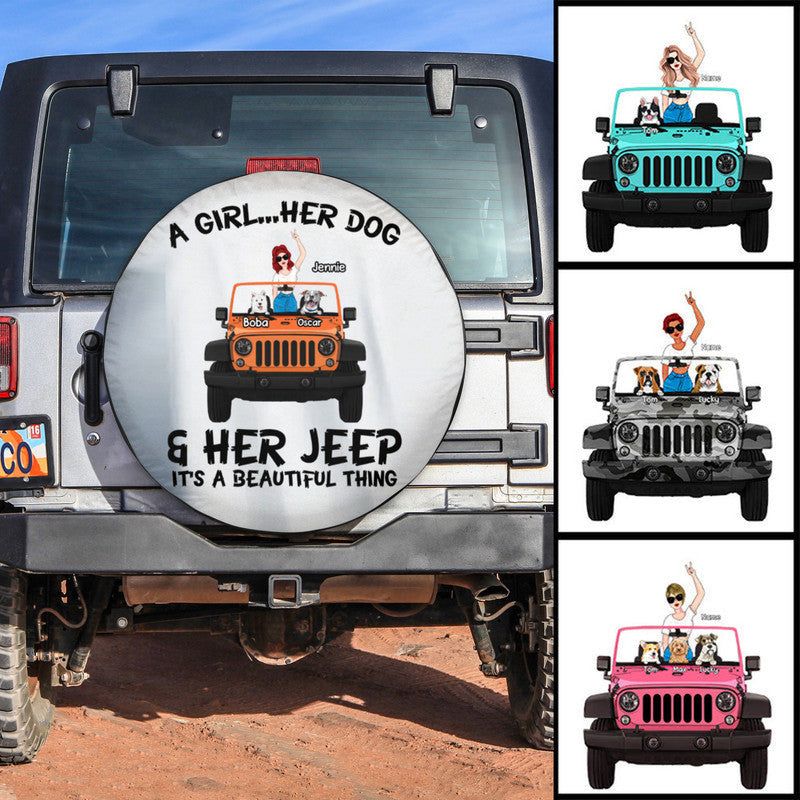 Custom JP Tire Cover With Camera Hole, A Girl Her Dogs And Her JP Spare Tire Cover CTM No hole Custom - Printyourwear
