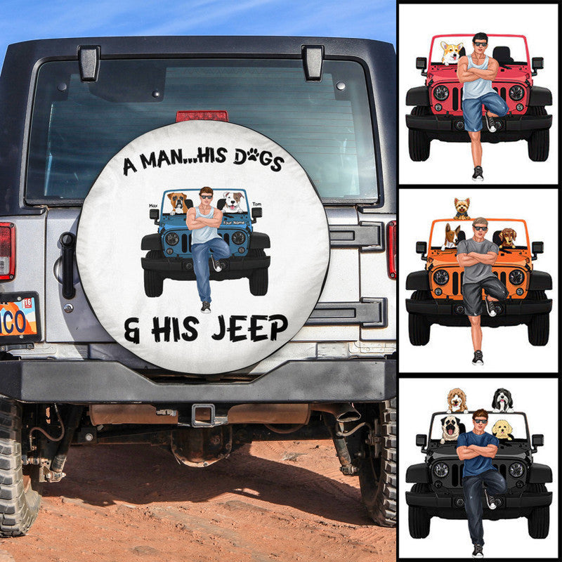 Custom JP Tire Cover With Camera Hole, A Man His Dogs And His JP Spare Tire Cover CTM Custom - Printyourwear