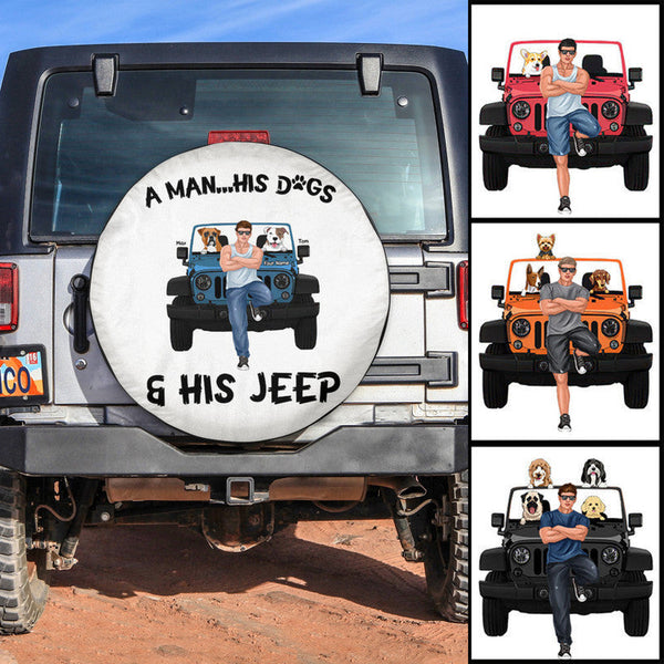 Custom Jeep Tire Cover With Camera Hole, A Man His Dogs And His Jeep