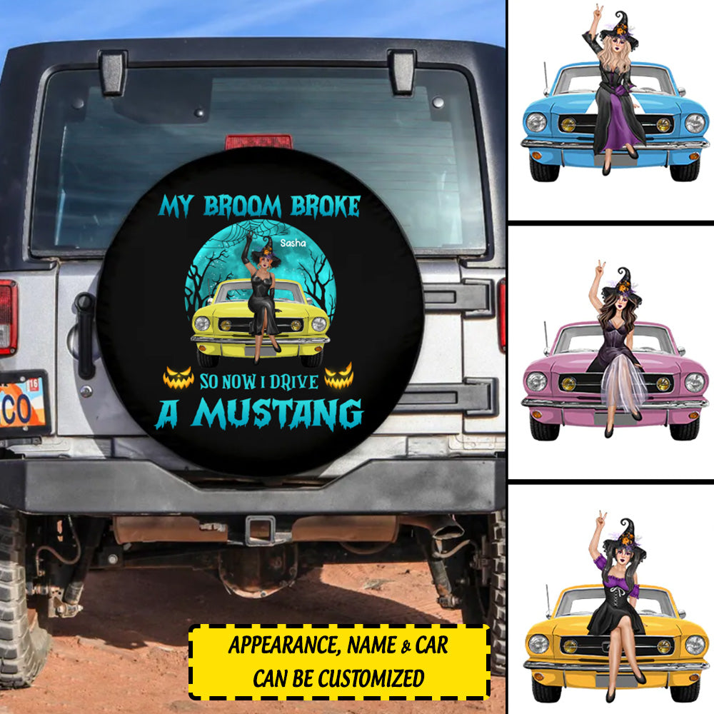 Custom JP Tire Cover With Camera Hole, My Broom Broke So Now I Drive A Mustang Nightmare Vibes Spare Tire Cover CTM Custom - Printyourwear